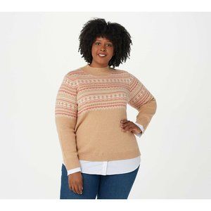 XL Isaac Mizrahi Fair Isle Mock neck 2-fer sweater w/white cuffs/shirt tail